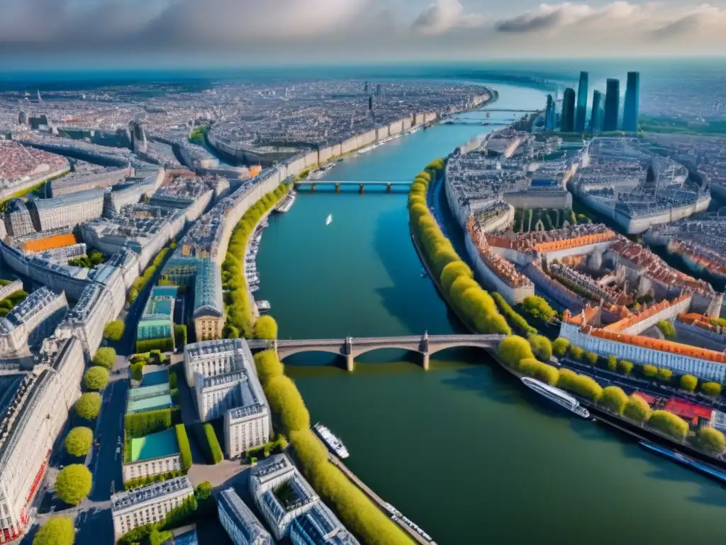 Contraste arquitectónico: modernidad y tradición en ciudades europeas Vista aérea detallada de ciudades europeas con arquitectura histórica y modernos rascacielos