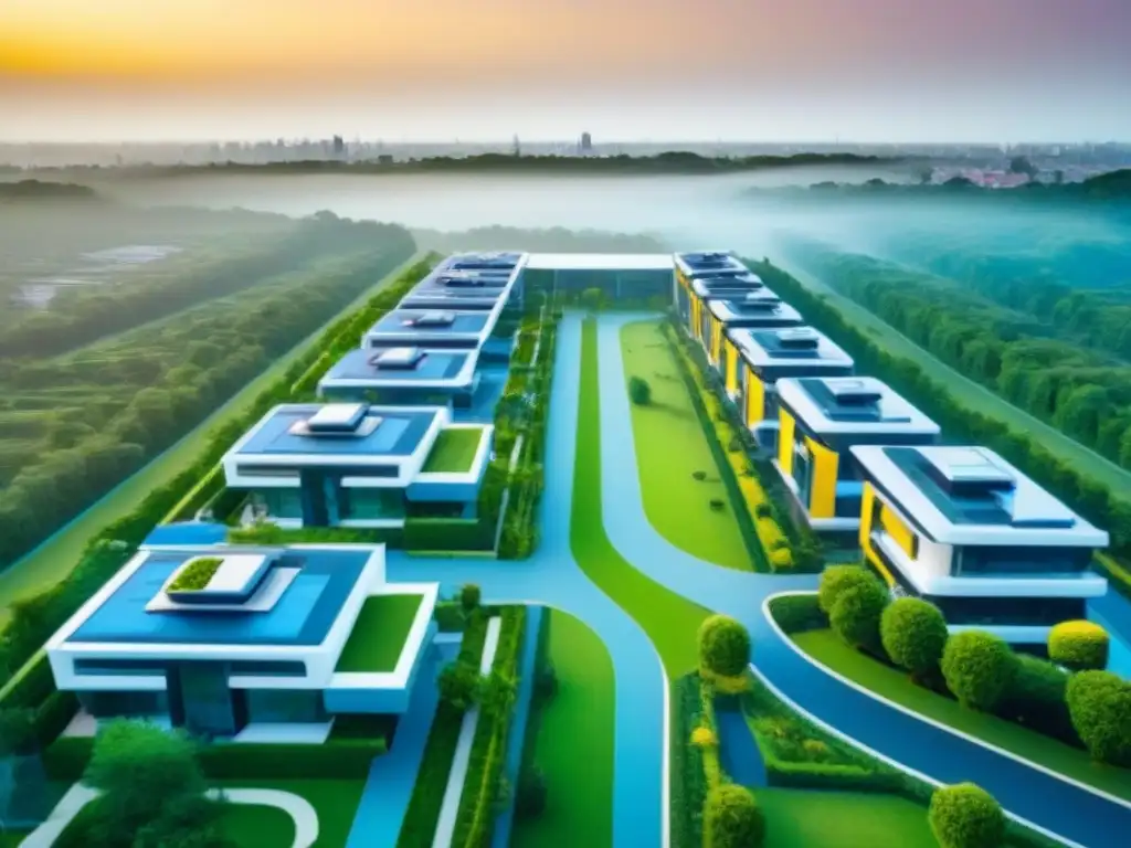 Complejo residencial futurista y personalizado: lujo y tecnología Vista aérea detallada de un complejo residencial futurista con tecnología inteligente y diseño personalizado