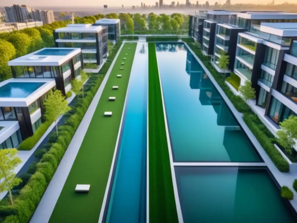 Residencial futurista en metrópolis americana Vista aérea detallada de complejo residencial moderno en metrópoli norteamericana