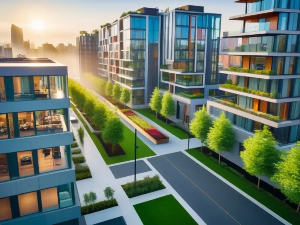 Vida urbana de lujo en complejo residencial moderno Vista aérea detallada de complejo residencial moderno en área metropolitana, con diseño arquitectónico elegante y vibrante comunidad urbana