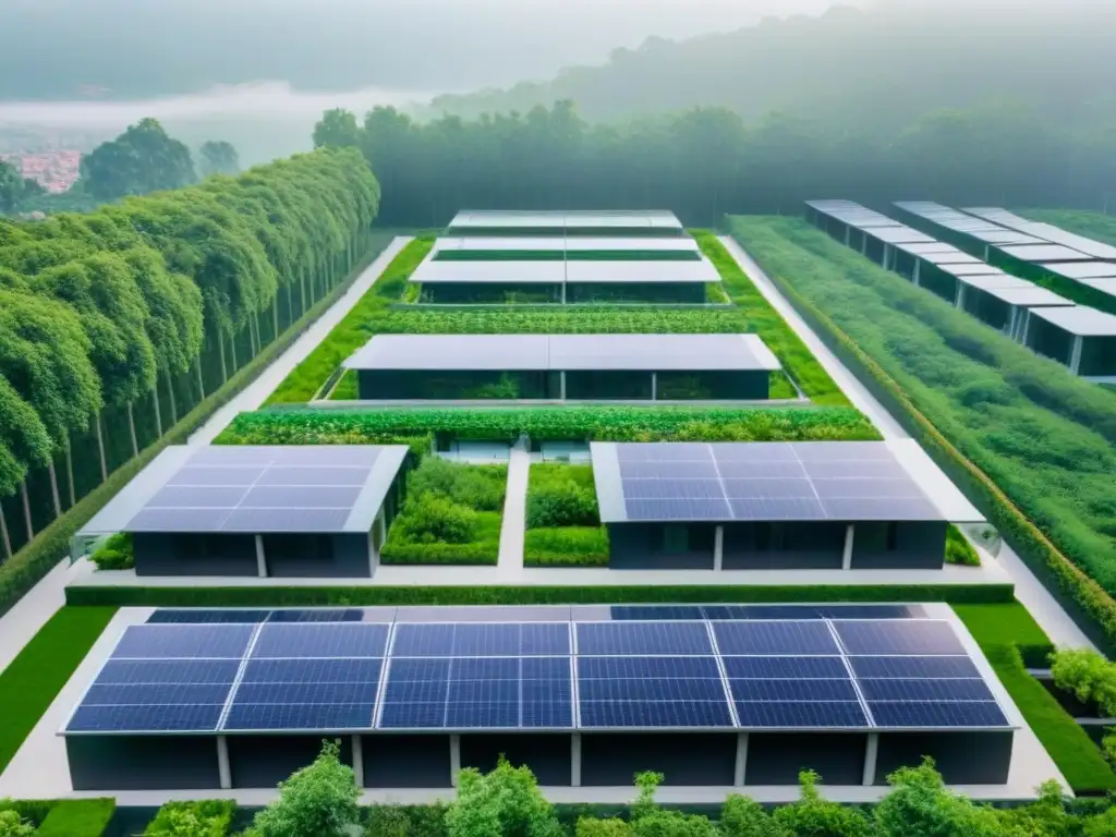 Complejo arquitectónico sostenible: modernidad verde en la ciudad Vista aérea detallada de complejo inmobiliario verde con tecnología ecofriendly en arquitectura moderna y entorno natural exuberante