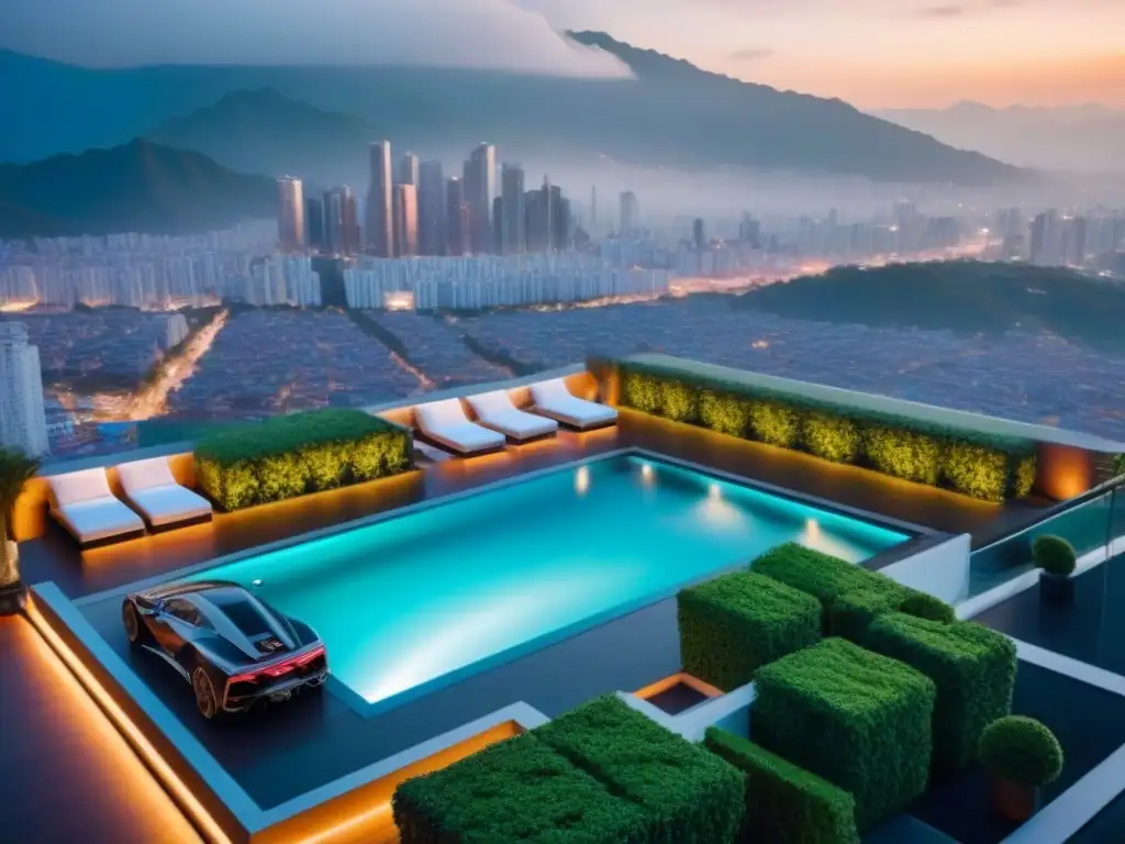 Exclusivo complejo residencial de lujo en ciudad latinoamericana Vista aérea detallada de complejo residencial de lujo en barrio exclusivo de ciudad latinoamericana, con piscina en la azotea y vistas panorámicas