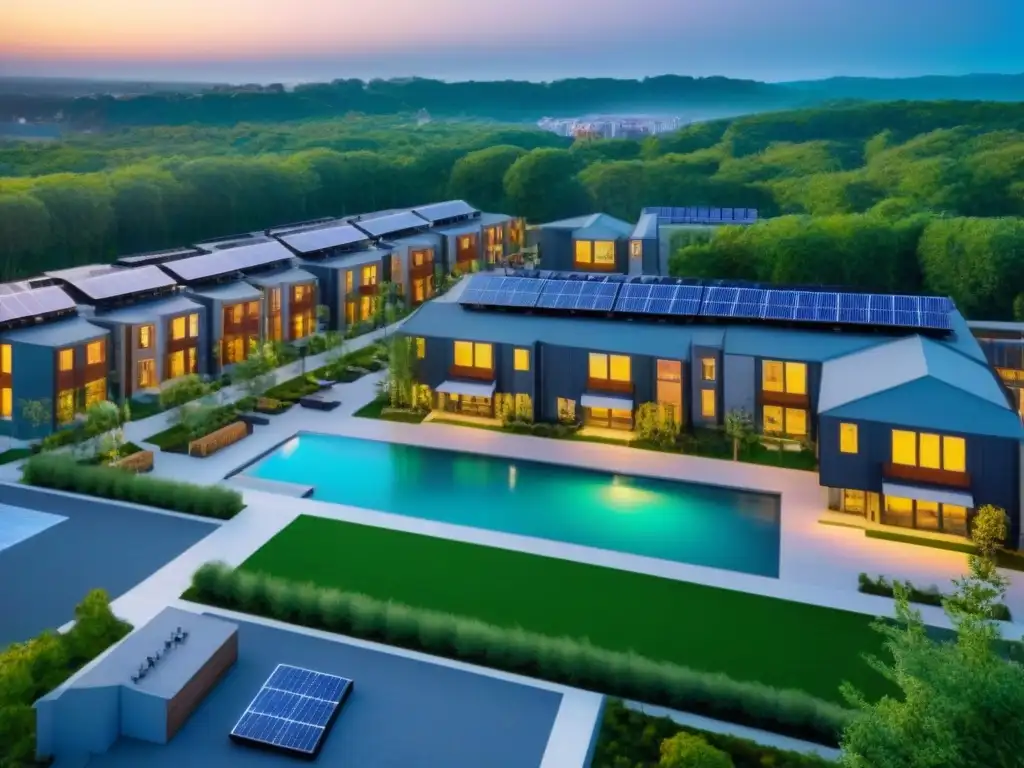 Complejo residencial sostenible de diseño innovador con amenidades Vista aérea detallada de complejo residencial multifamiliar con diseño arquitectónico único, paneles solares, áreas verdes y amenidades