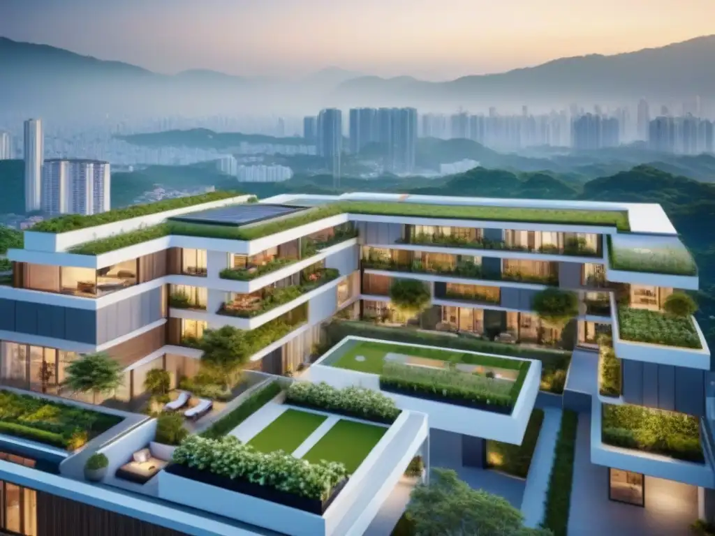 Coliving futurista en el corazón de ciudad vibrante en Asia Vista aérea detallada de complejo coliving en ciudad asiática vibrante, con arquitectura moderna y jardines en azotea