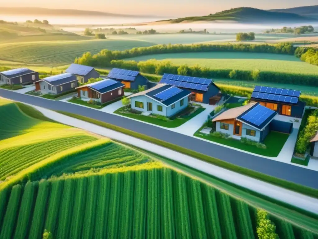 Eco-aldea rural: armonía entre naturaleza y modernidad Vista aérea detallada de comunidad rural eco-friendly en Norteamérica