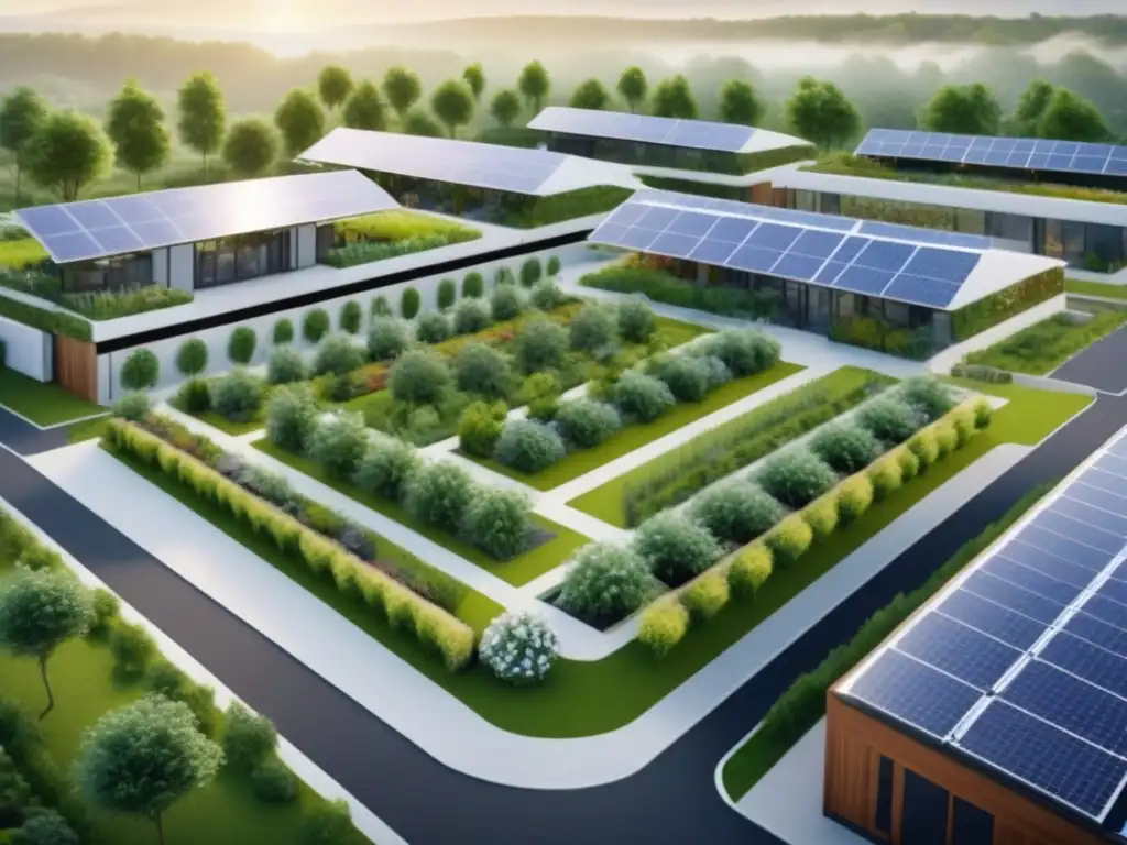 Ecoaldea sostenible: comunidad verde y vibrante Vista aérea detallada de una comunidad sostenible con techos verdes, paneles solares, turbinas eólicas, jardines y caminos peatonales