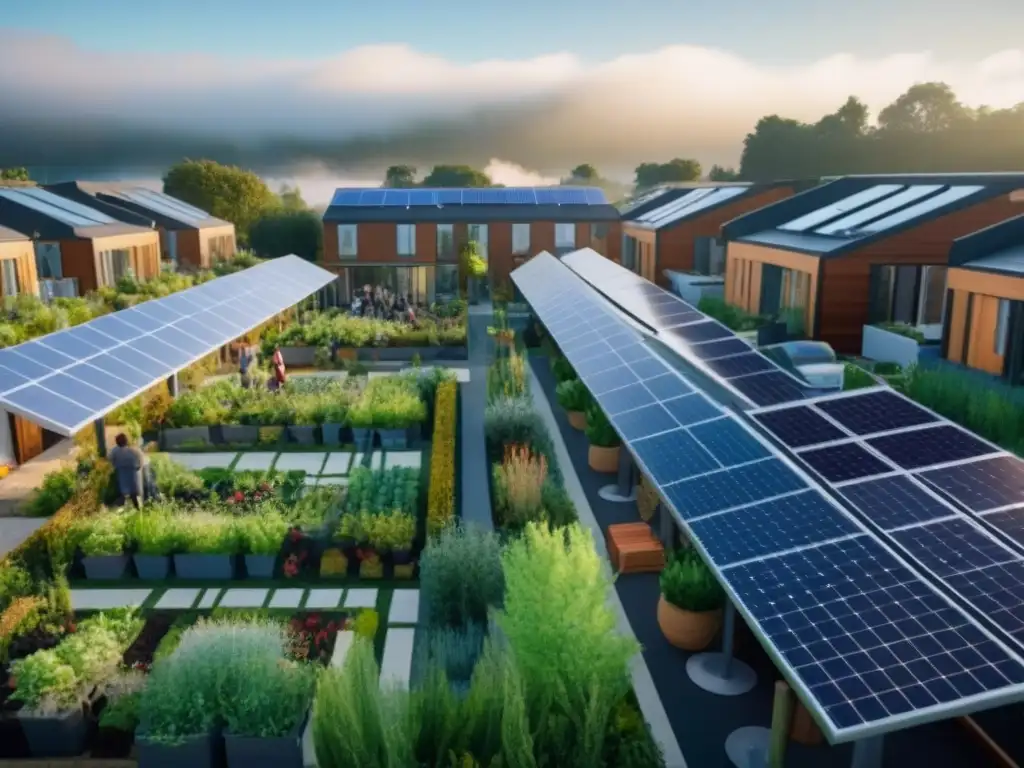 Comunidad eco-sostenible: vida compartida en armonía urbana Vista aérea detallada de una comunidad de cohousing moderna y sostenible integrada en la ciudad, con jardines en azoteas y paneles solares