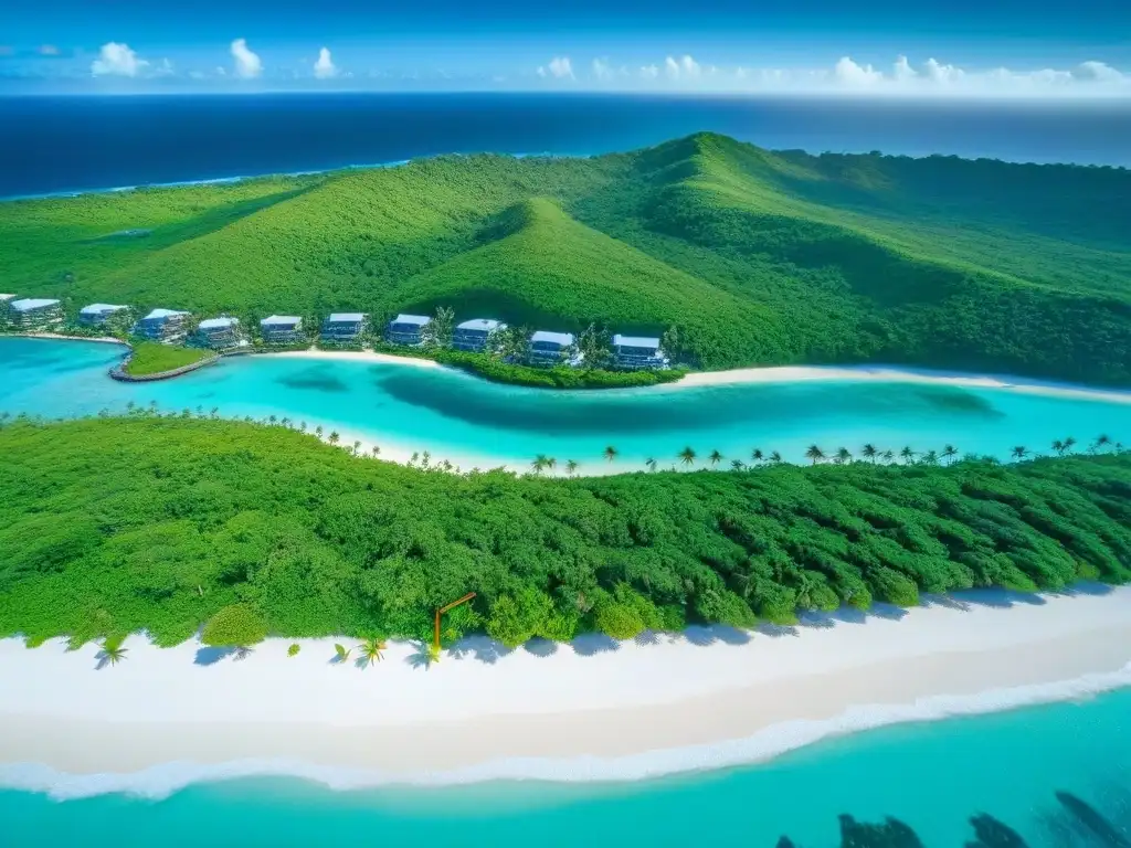 Costa caribeña: lujo y naturaleza en fotografía aérea Vista aérea detallada de la costa caribeña con propiedades de lujo entre palmeras, ideal para inversionistas globales mercado inmobiliario caribeño