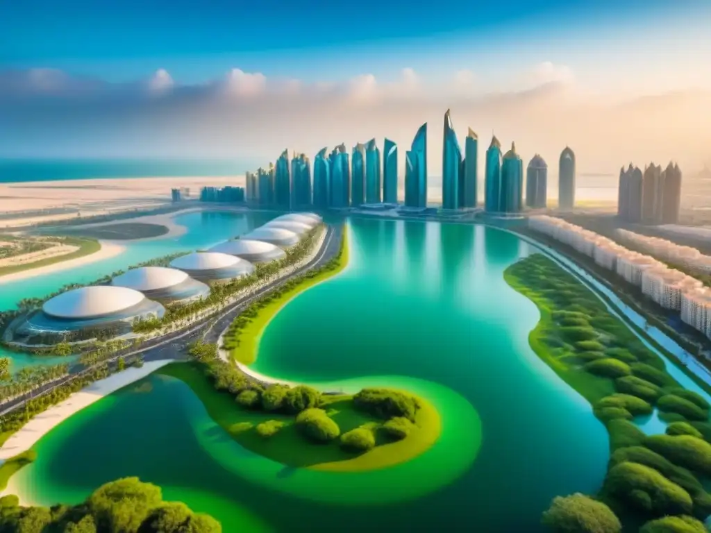 Horizonte futurista de Abu Dhabi: arquitectura moderna y tradicional Vista aérea detallada de Abu Dabi, mezcla arquitectura moderna y elementos tradicionales