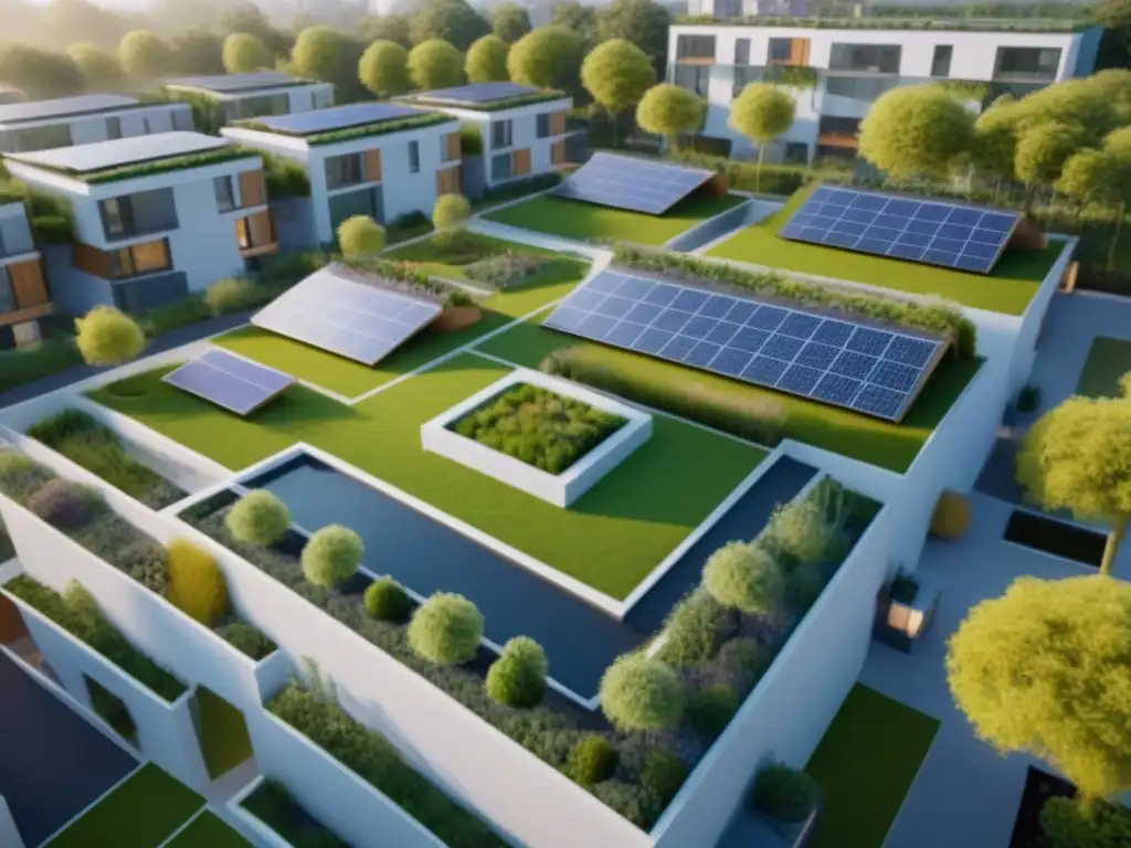 Comunidad sostenible: innovación y diversidad en vivienda ecoamigable Vista aérea detallada de desarrollo habitacional sostenible con diversidad de actividades y arquitectura ecofriendly