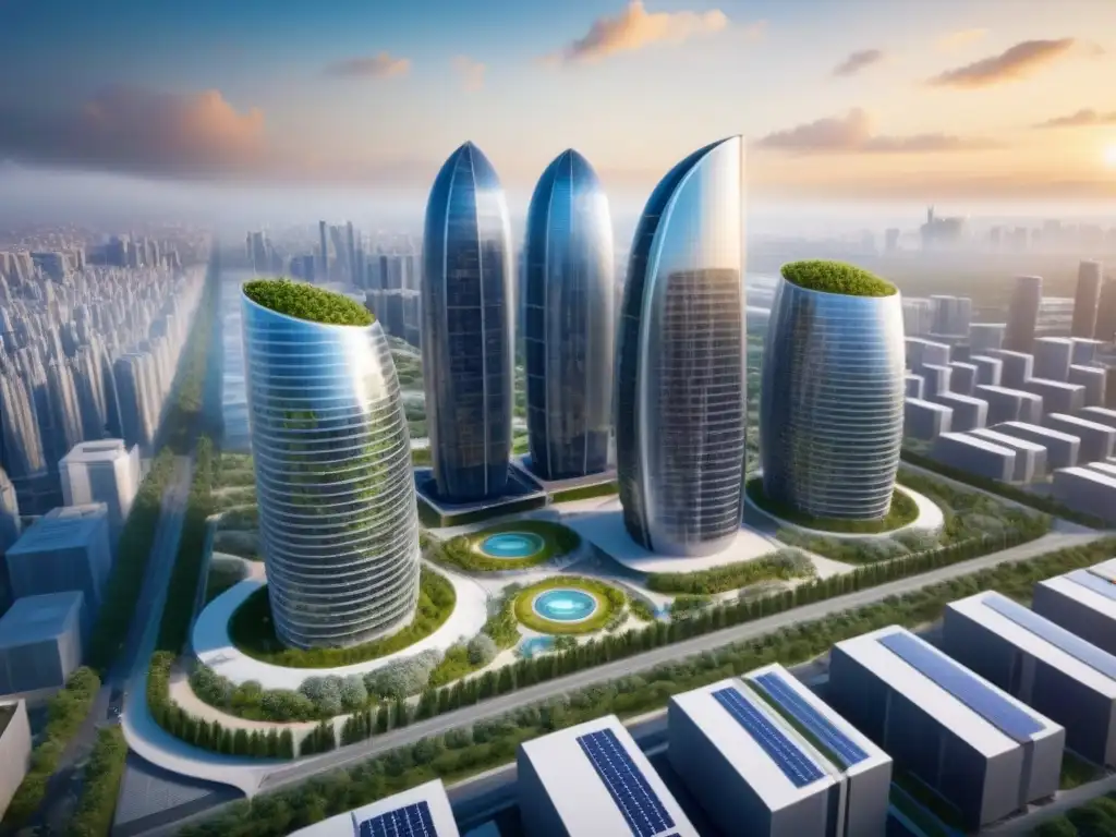 Desarrollo inmobiliario futurista: innovación y sostenibilidad en la ciudad Vista aérea detallada de desarrollo inmobiliario integrado futurista, reflejando innovación y sostenibilidad en la ciudad