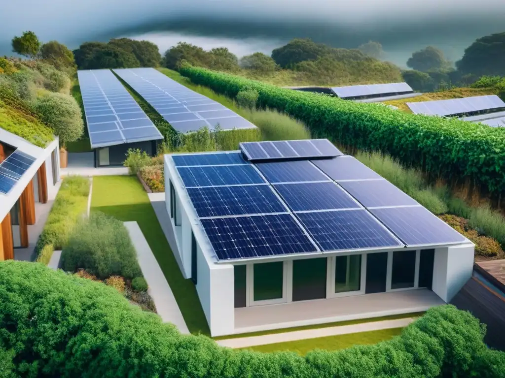 Vista aérea detallada de desarrollo sostenible con paneles solares, espacios verdes y arquitectura moderna integrada con la naturaleza