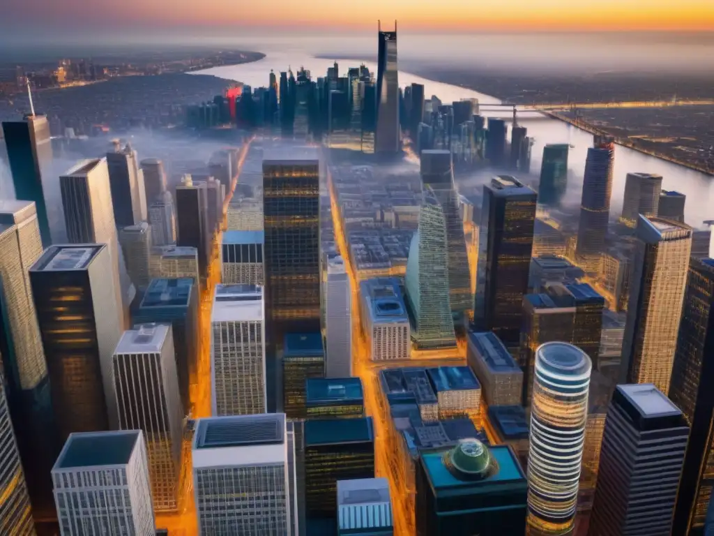Vista aérea impresionante de distrito financiero en atardecer Vista aérea detallada de un distrito financiero, reflejando la arquitectura moderna y la actividad de inversionistas globales tasas interés