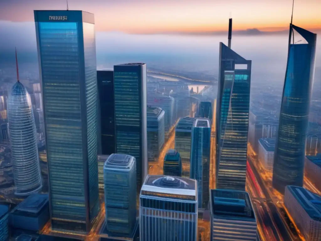 Vibrante distrito financiero europeo: Brexit y oportunidades de inversión Vista aérea detallada de distrito financiero europeo con rascacielos y gente de negocios; refleja impacto Brexit mercado inmobiliario Europa