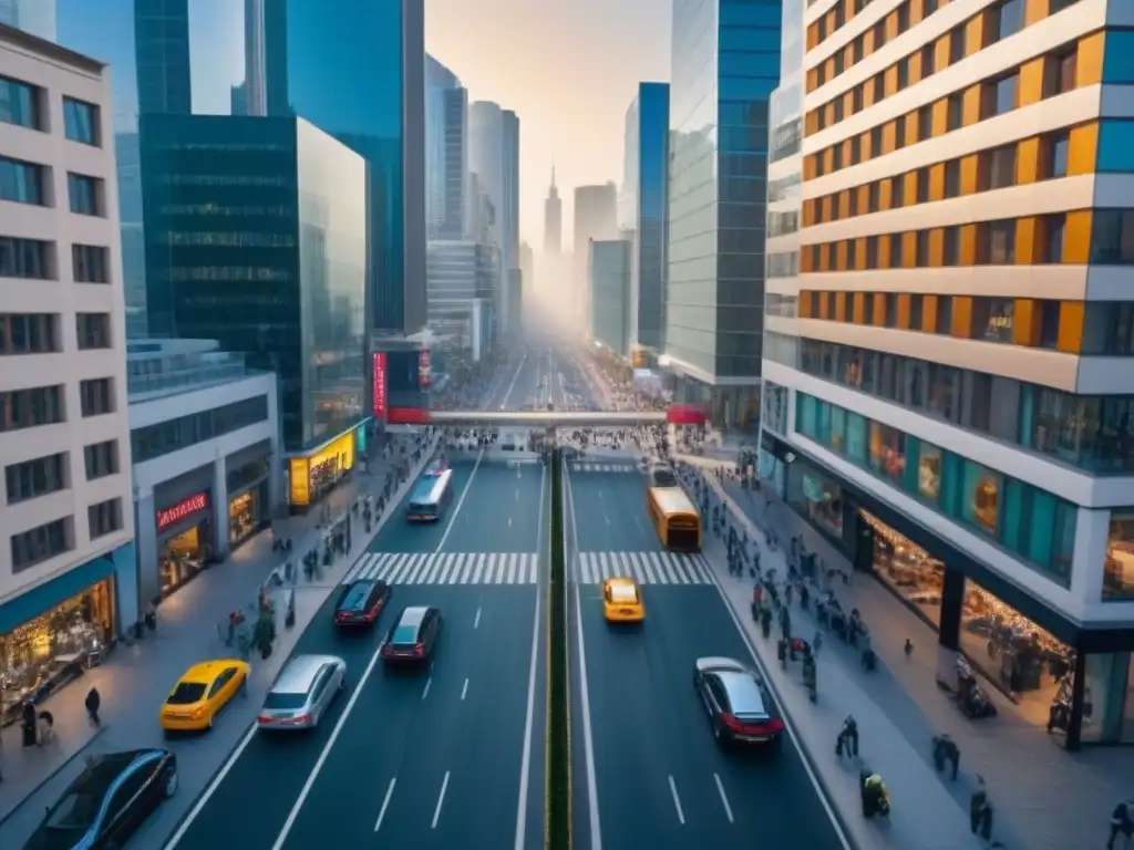 Distrito comercial vibrante: skylines modernos y actividad económica Vista aérea detallada de distrito comercial bullicioso con rascacielos modernos y variados negocios