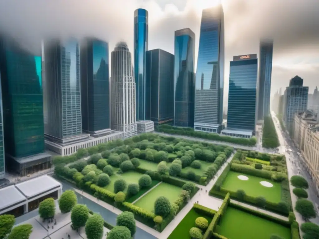 Distrito financiero global: arquitectura moderna, naturaleza y negocios Vista aérea detallada de distrito financiero global con inversionistas globales en mercado inmobiliario, arquitectura moderna y espacios verdes