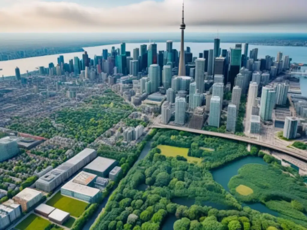 Toronto: Arquitectura diversa y vibrante Vista aérea detallada de Toronto, reflejando diversidad y desarrollo urbano en un paisaje vibrante y moderno