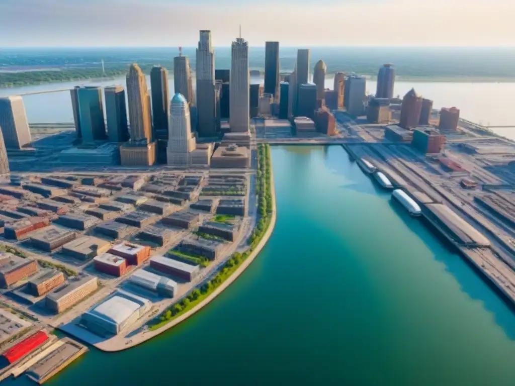 Renovación urbana en Detroit: historia y modernidad en armonía Vista aérea detallada de Detroit con edificios históricos renovados y modernos rascacielos, calles llenas de gente y vehículos