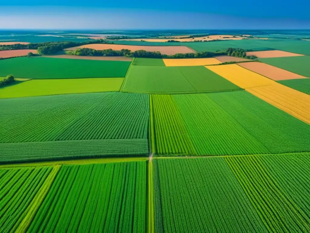 Maravilloso paisaje agrícola en Norte América Vista aérea detallada de extensos campos verdes bajo el cielo azul, resaltando el potencial de Inversiones inmobiliarias rurales Norteamérica