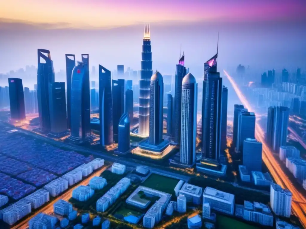 Skyline futurista: lujo y arquitectura vanguardista en ciudad asiática Vista aérea detallada de un futurista horizonte urbano en una bulliciosa ciudad asiática, mostrando edificios de lujo con diseño vanguardista
