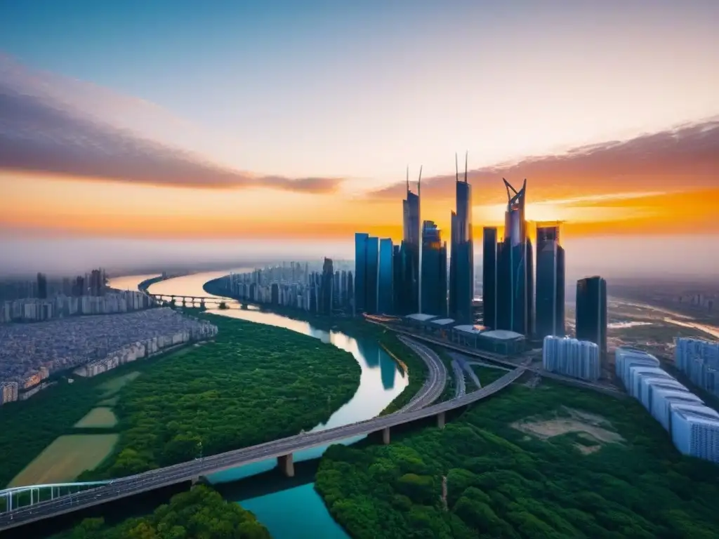 Metrópolis futurista: rascacielos dorados en atardecer Vista aérea detallada de una futurista ciudad con rascacielos reflejando el atardecer dorado, rodeada de vegetación y ríos interconectados