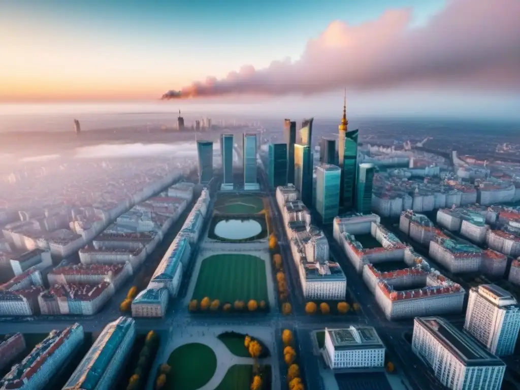 Esplendor matutino: panorama de Varsovia, Polonia Vista aérea detallada de Varsovia al amanecer, fusionando historia y modernidad en economías emergentes Europa Este