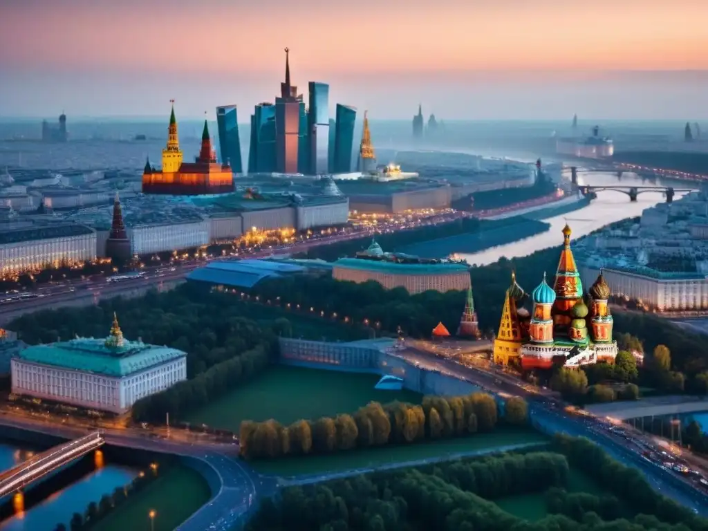 Vista aérea detallada del skyline de Moscú al anochecer Vista aérea detallada de Moscú al anochecer, con los hitos icónicos iluminados y el río Moscova reflejando las luces de la ciudad
