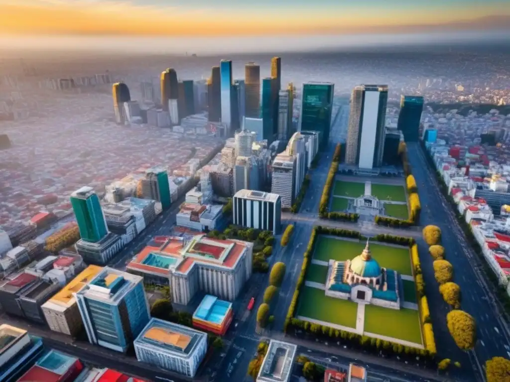 Skyline de Ciudad de México: fusión de historia y modernidad Vista aérea detallada de la icónica silueta de la Ciudad de México, destacando su mezcla vibrante de rascacielos modernos y monumentos históricos