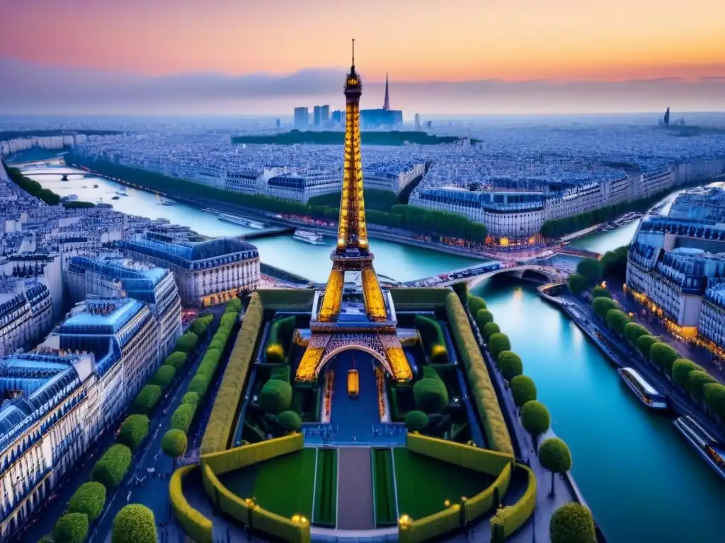 Vista aérea detallada de la Torre Eiffel al atardecer en París Vista aérea detallada de la icónica Torre Eiffel al atardecer en París, con propiedades de lujo en ciudades internacionales