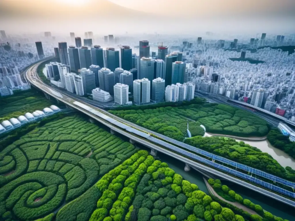 Tokyo sostenible: innovación urbana en acción Vista aérea detallada de Tokio con infraestructura sostenible y verde, resaltando su desarrollo infraestructura crítica