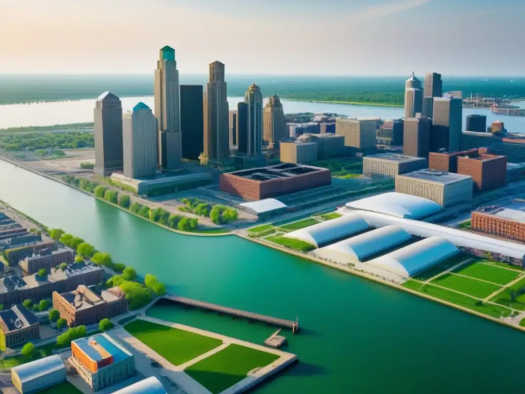 Renovación urbana en Detroit: viejo y nuevo en armonía Vista aérea detallada de la revitalización de Detroit con inversión inmobiliaria en antiguos y nuevos edificios