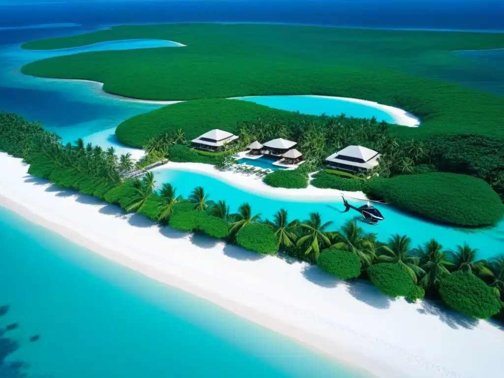 Isla privada de lujo: villas, yates y aguas turquesas Vista aérea detallada de isla privada de lujo, aguas turquesas, villas extravagantes, piscinas infinitas y yates