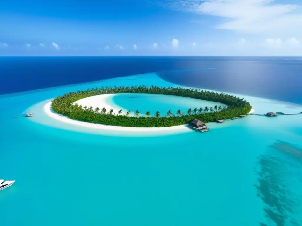 Paraíso exclusivo: isla privada con bungalows de lujo y aguas turquesas Vista aérea detallada de isla privada con resorts de lujo, aguas cristalinas y bungalows sobre el agua