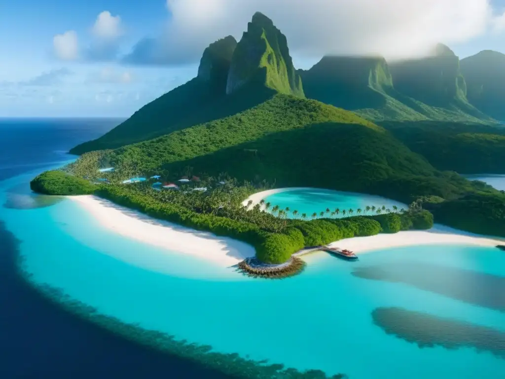 Vista aérea detallada de isla privada en el Caribe con aguas turquesas, playas de arena yates, villa lujosa, vegetación tropical y helipuerto