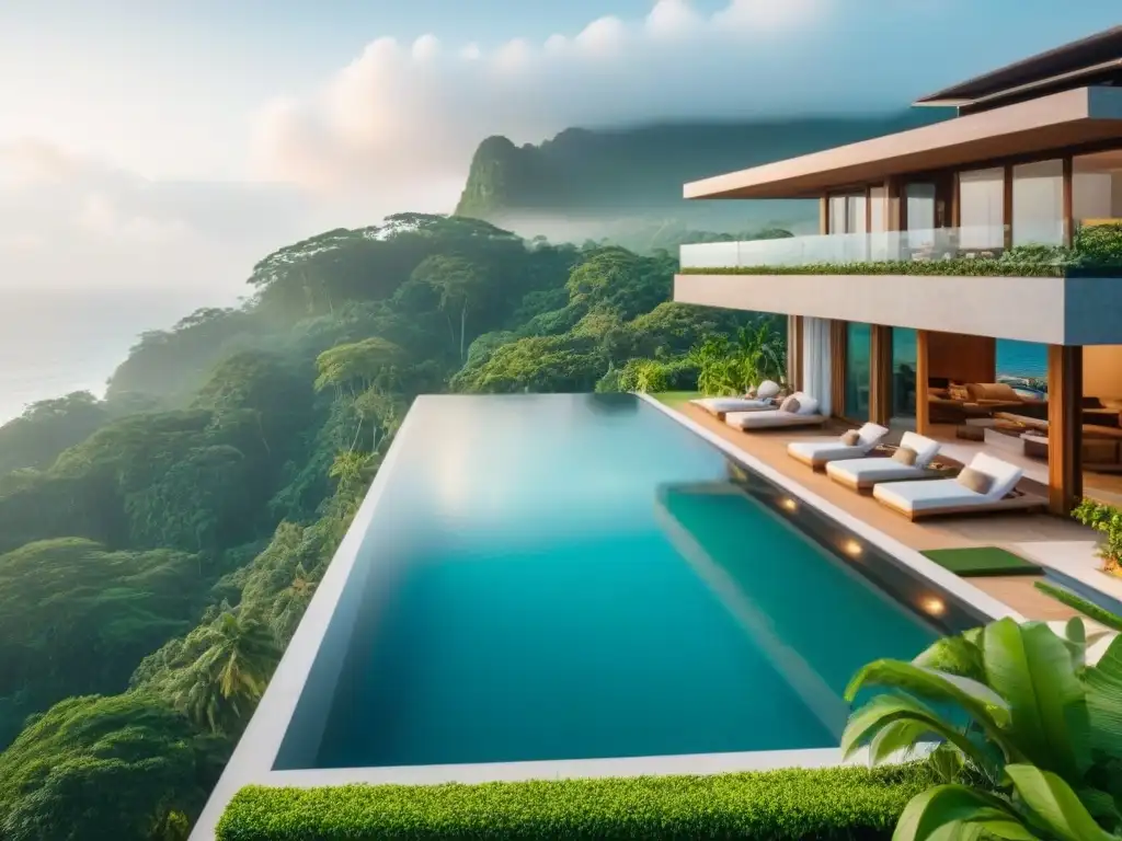 Villa de lujo con piscina infinita en el sudeste asiático Vista aérea detallada de Airbnb de lujo en sudeste asiático con piscina infinita y arquitectura moderna