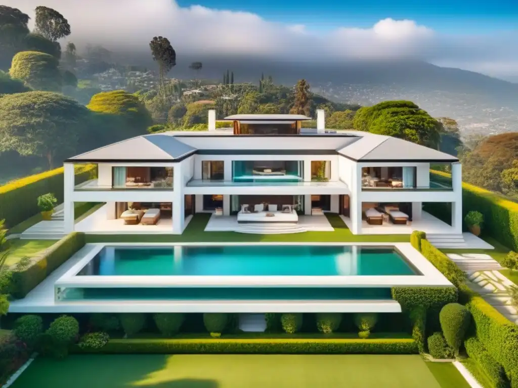 Exclusiva mansión de lujo con jardines, piscina infinita y helipuerto Vista aérea detallada de mansión de lujo con jardines, piscina infinity, cancha de tenis y helipuerto