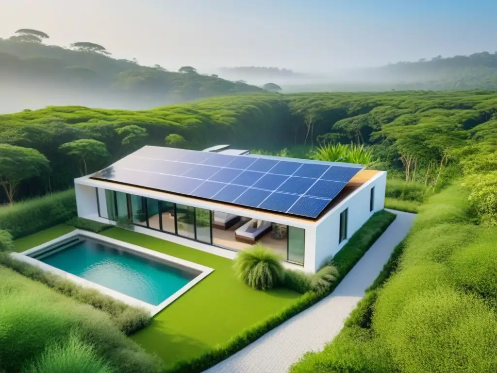 Propiedad eco de lujo entre naturaleza y tecnología Vista aérea detallada de una lujosa propiedad ecológica rodeada de vegetación, integrando paneles solares y sistema de recolección de agua de lluvia