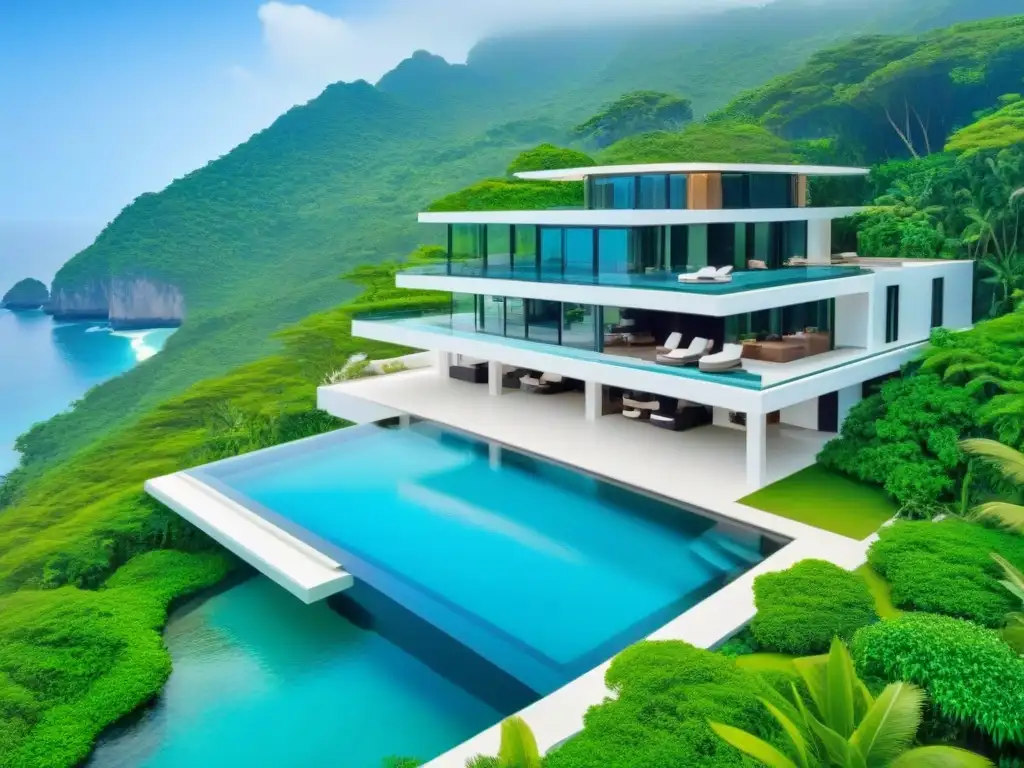 Propiedad costera de lujo en Asia: moderna obra maestra junto al mar Vista aérea detallada de una lujosa propiedad costera en Asia con playa cristalina y piscina infinita, ideal para propiedades de lujo costeras Asia