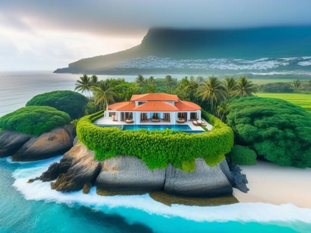 Villa de lujo frente al mar: arquitectura detallada y panorámica exótica Vista aérea detallada de lujosa villa en el mar, destacando arquitectura, paisaje y mar