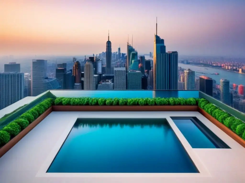 Penthouse de lujo: vista aérea con skyline y piscina infinita Vista aérea detallada de lujoso ático con ventanales, muebles modernos, arte elegante, terraza y piscina infinity
