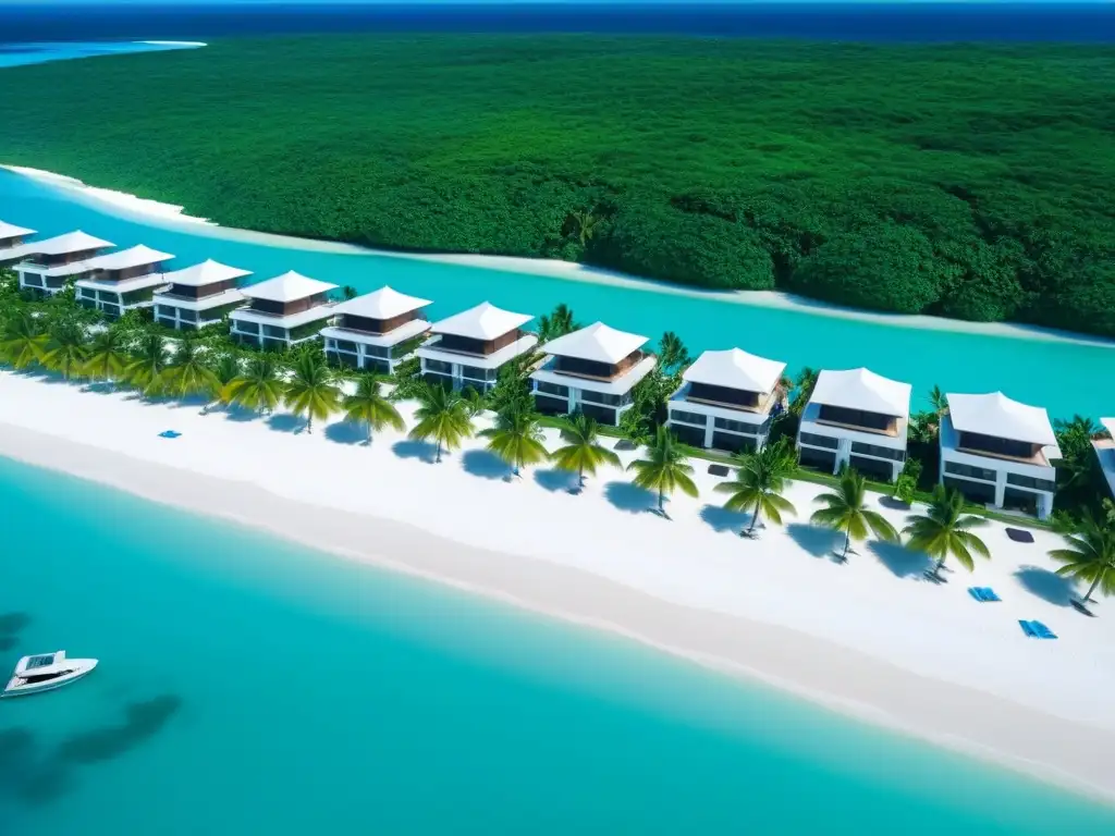 Exclusivo paraíso tropical: lujo y serenidad en resort privado Una vista aérea detallada de un lujoso resort en una isla privada, con playas blancas, aguas turquesas, villas opulentas y exclusividad