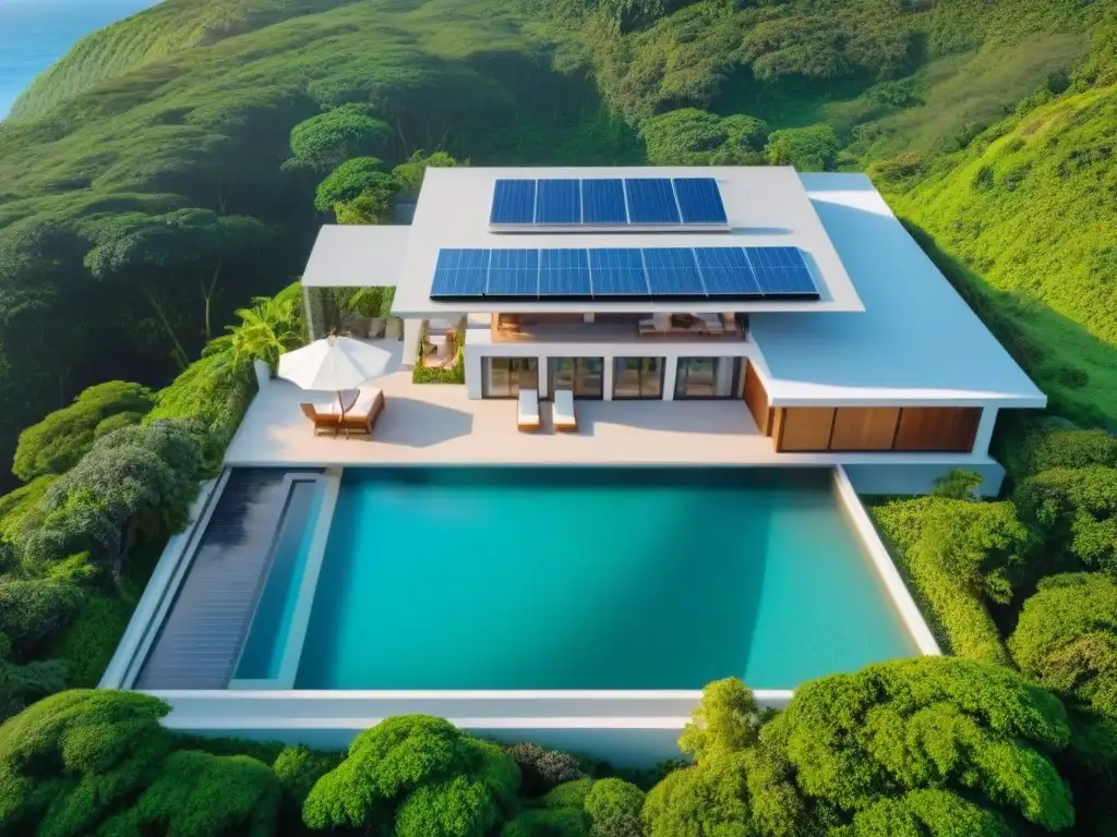 Resort de lujo sostenible en la naturaleza Vista aérea detallada de un lujoso resort sostenible con paneles solares y piscina infinita, donde los huéspedes disfrutan de actividades ecoamigables