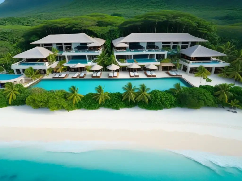 Resort de lujo frente al mar: paraíso caribeño Vista aérea detallada de lujoso resort en el Caribe con turistas disfrutando del sol