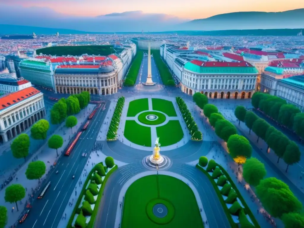 Vienna: Belleza Histórica y Moderna en Ringstrasse Vista aérea detallada de la majestuosa Viena, con sus edificios históricos, parques verdes y bulliciosas calles llenas de cafeterías y tiendas