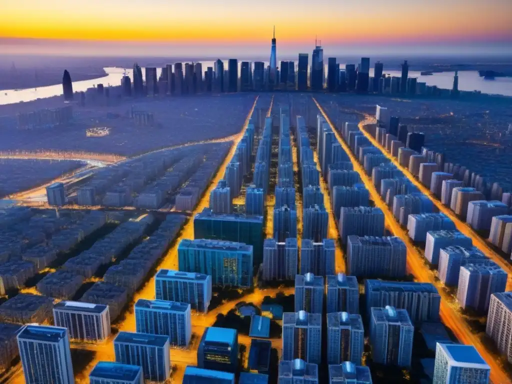 Mercado inmobiliario internacional: paisaje urbano detallado y vibrante Vista aérea detallada de mercado inmobiliario internacional con rascacielos modernos