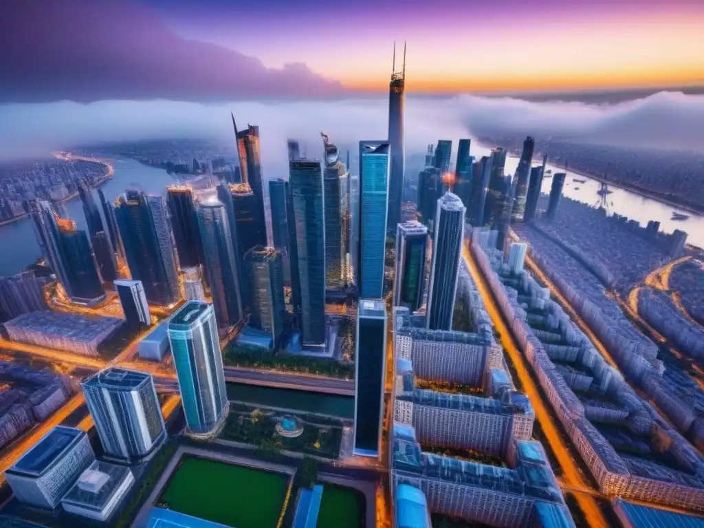 Metrópolis futurista: hotel de lujo en vibrante ciudad Vista aérea detallada de una metrópolis vibrante con rascacielos, calles bulliciosas y un lujoso hotel en el centro