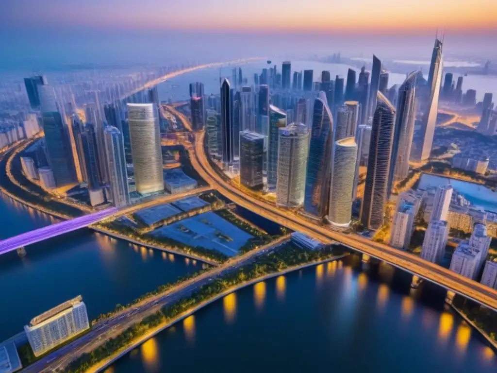 Inversión inmobiliaria global: ciudad moderna con rascacielos y redes urbanas Vista aérea detallada de una metrópolis moderna con rascacielos, reflejando inversiones inmobiliarias globales