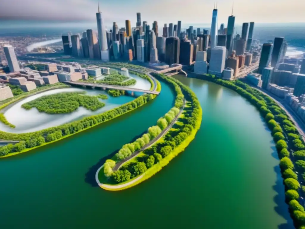 Metrópolis vibrante: paisaje urbano moderno en América del Norte Vista aérea detallada de una metrópolis en Norteamérica con rascacielos modernos y áreas verdes