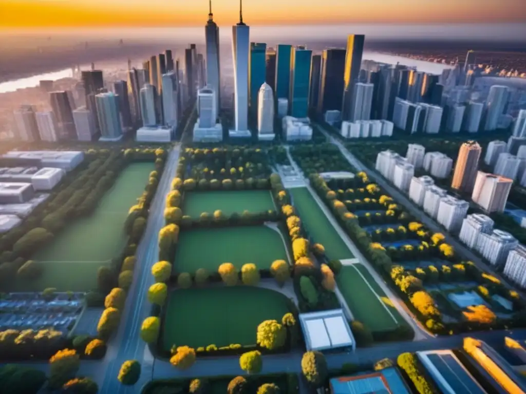 Metrópolis moderna: atardecer dorado sobre la ciudad vibrante Vista aérea detallada de una metrópolis con rascacielos modernos, parques verdes y calles vibrantes