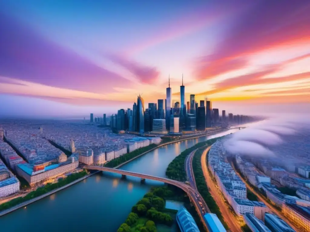Metrópolis fronteriza: skyline internacional al atardecer Vista aérea detallada de una metrópolis fronteriza, simbolizando el mercado inmobiliario internacional
